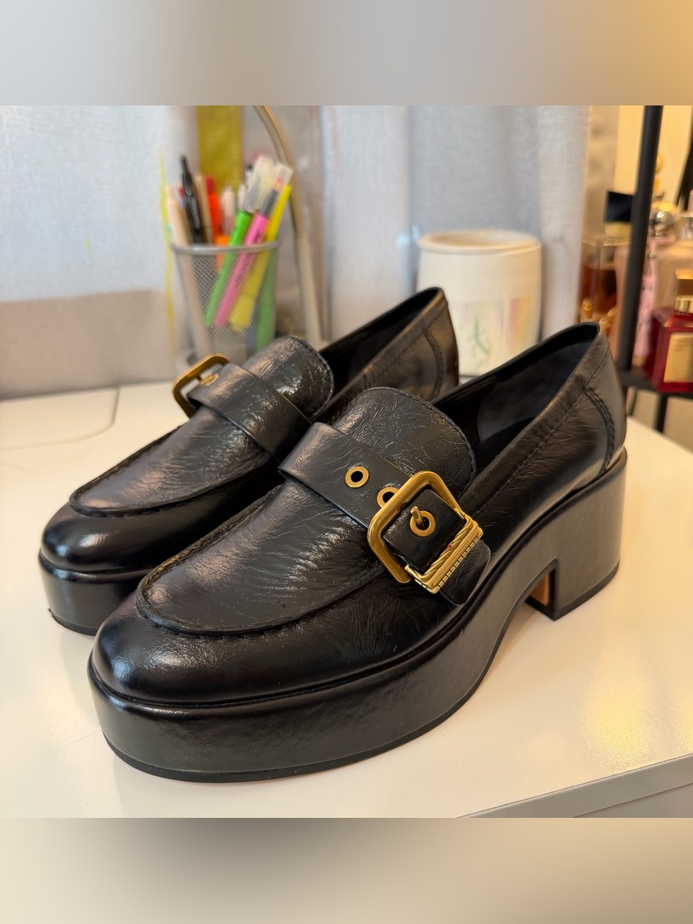 Dolce Vita Black Leather Platform Loafers with Gold Buckles